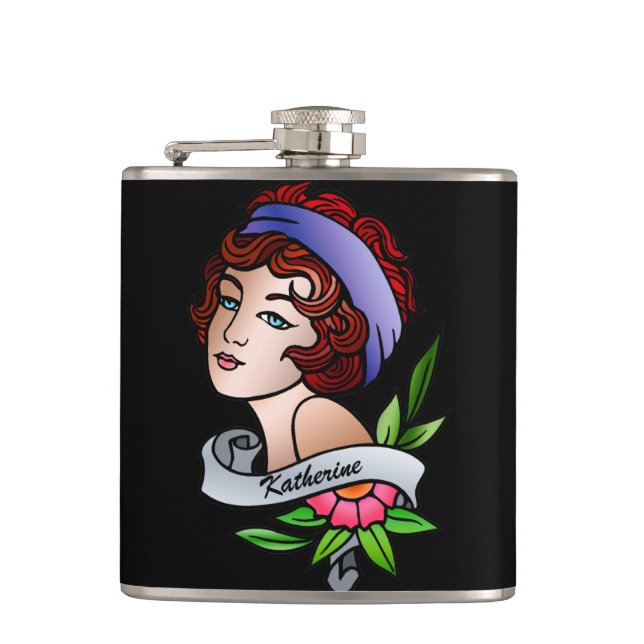customizable redhead gypsy girl tattoo flask (Front)