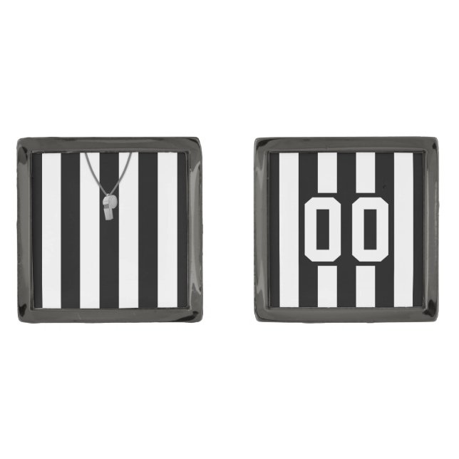 Customizable Referee Jersey Cuff Links, Hockey Gunmetal Finish Cufflinks (Front)