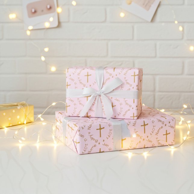 Customizable Religious Golden Cross on Misty Rose Wrapping Paper (Creator Uploaded)