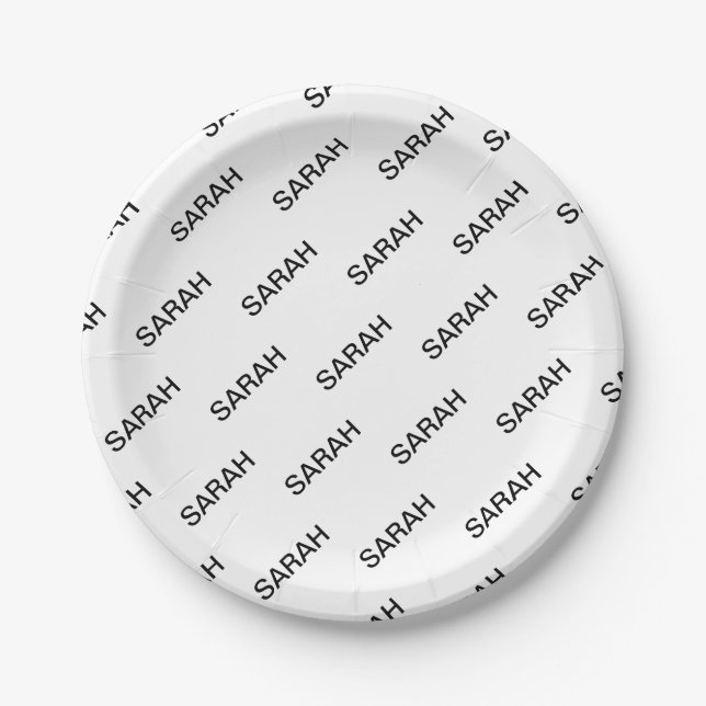 Customizable Repeating Text Modern White & Black Paper Plates (Front)