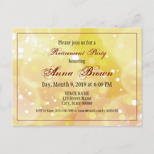 Customizable retirement invitation gold bokeh postcard