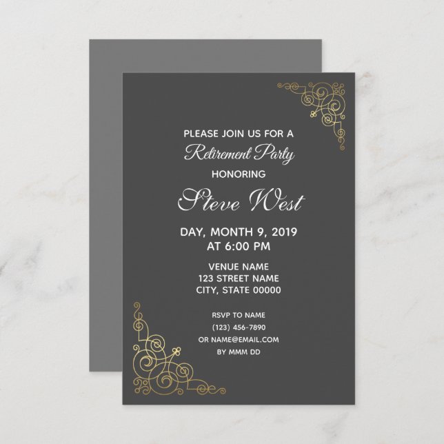 Customizable retirement invitation gold filigree (Front/Back)