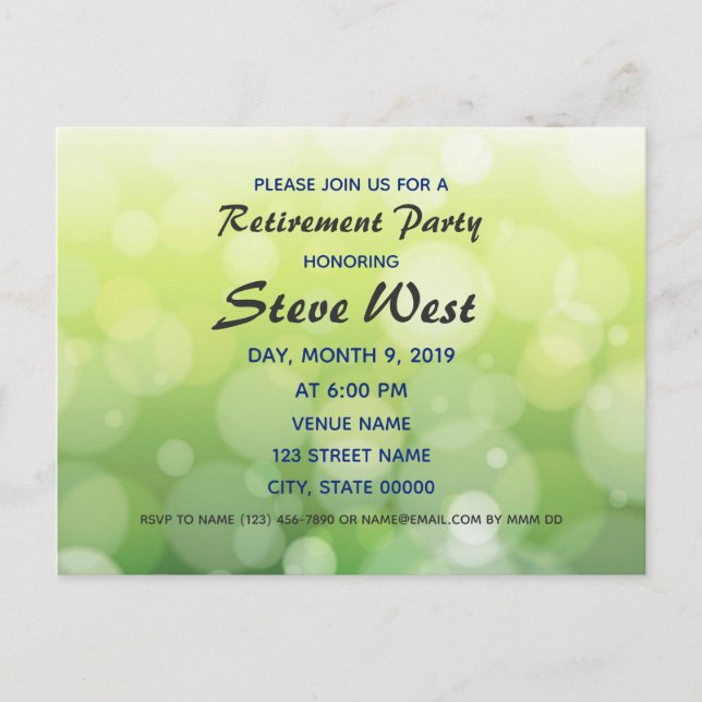 Customizable retirement invitation green bokeh postcard (Front)