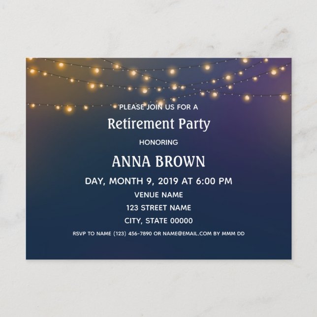 Customizable retirement invitation patio lights postcard (Front)