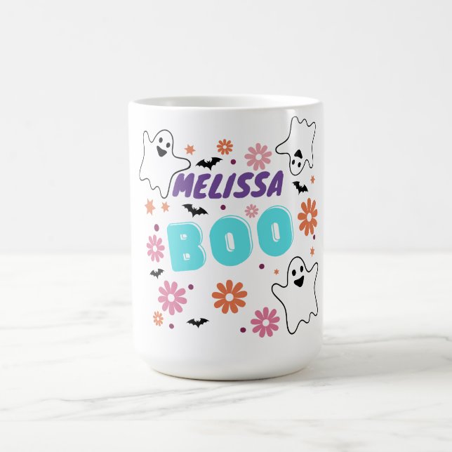 Customizable Retro Boo Halloween Floral Design Coffee Mug (Center)