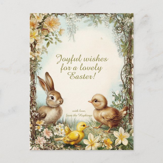 Customizable 🐇Retro Bunny & Chicks Delight Holiday Postcard (Front)