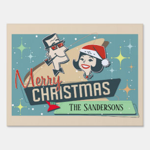 Customizable Retro Couple Merry Christmas Holiday Sign