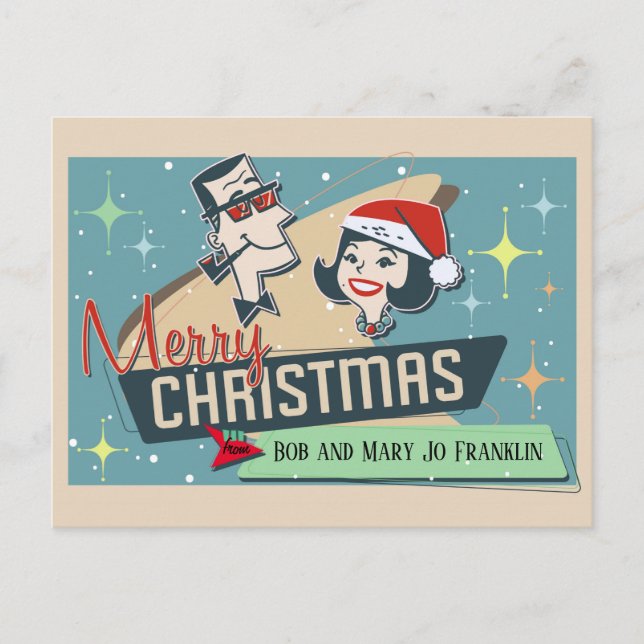 Customizable Retro Couple Merry Christmas Vintage Postcard (Front)
