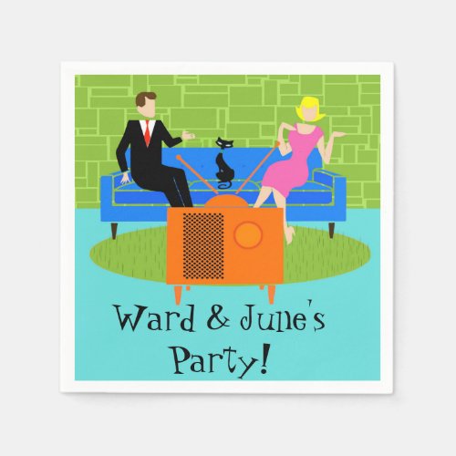 Customizable Retro Couple with Cat Paper Napkins