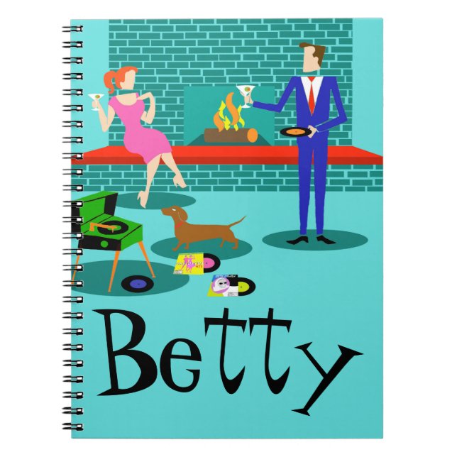 Customizable Retro Couple with Dog Notebook (Front)