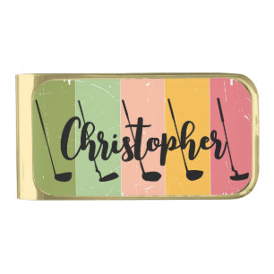 Customizable Retro Golf Club Stripes Wall Art Gold Finish Money Clip