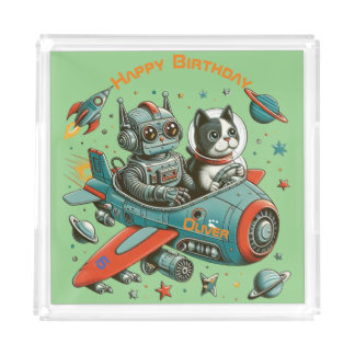 Customizable Retro Robot and Cat in Space Acrylic Tray