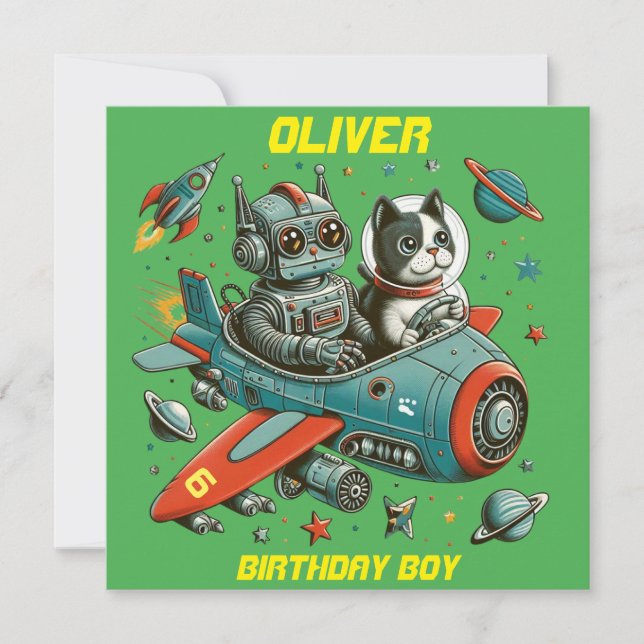 Customizable Retro Robot and Cat in Space Invitation (Front)