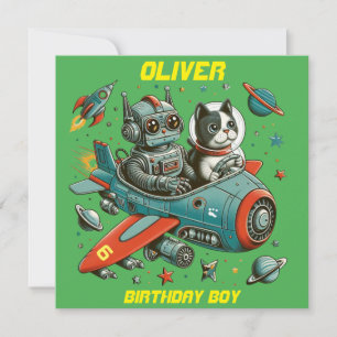 Customizable Retro Robot and Cat in Space Invitation