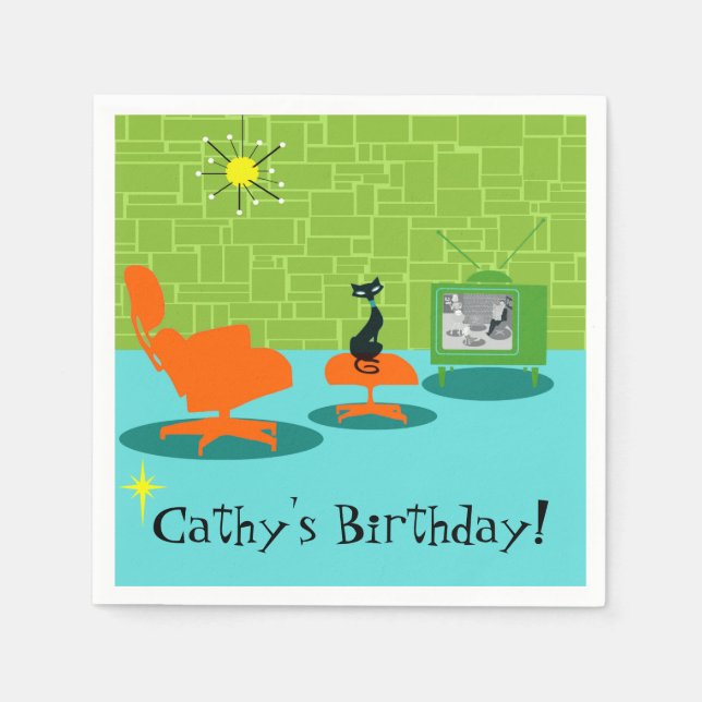 Customizable Retro Space Age Kitty Paper Napkins (Front)