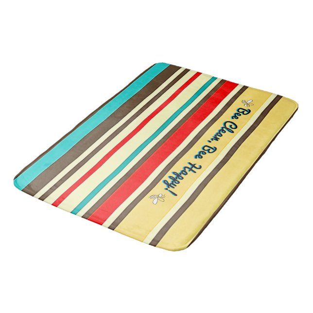 Customizable Retro Striped Bath Mat with Bees (Angled)