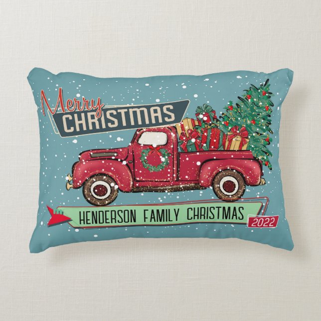 Customizable Retro Vintage Truck Christmas Holiday Accent Pillow (Front)