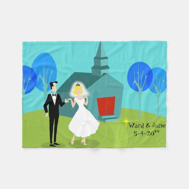 Customizable Retro Wedding Couple Fleece Blanket (Front (Horizontal))