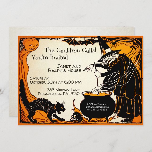 Customizable Retro Witch Halloween Invitation (Front/Back)