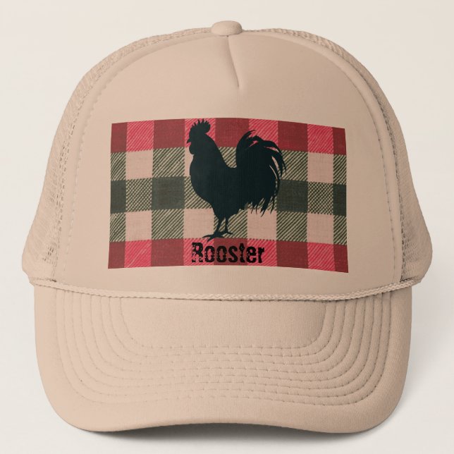 Customizable Rooster Farmhouse Gingham Trucker Hat (Front)