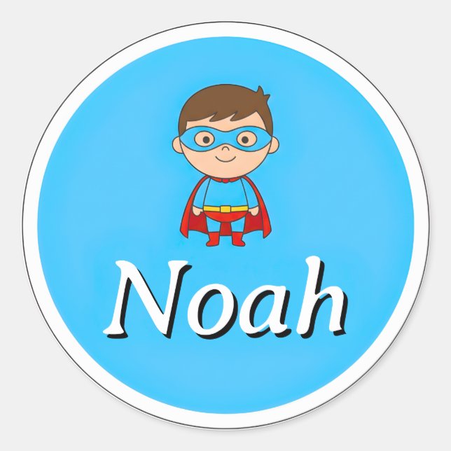 Customizable Round Kids Name Sticker – Superhero  (Front)