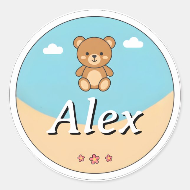 Customizable Round Kids Name Sticker – Teddy Bear (Front)