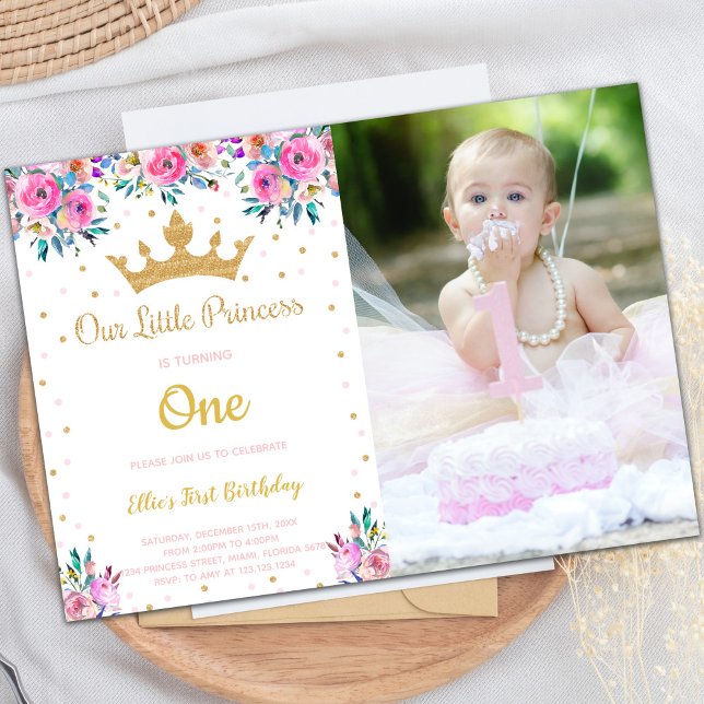 Customizable Royal Party Invitations for Kids (Photo Crown Glitter Princess Birthday Invitations)
