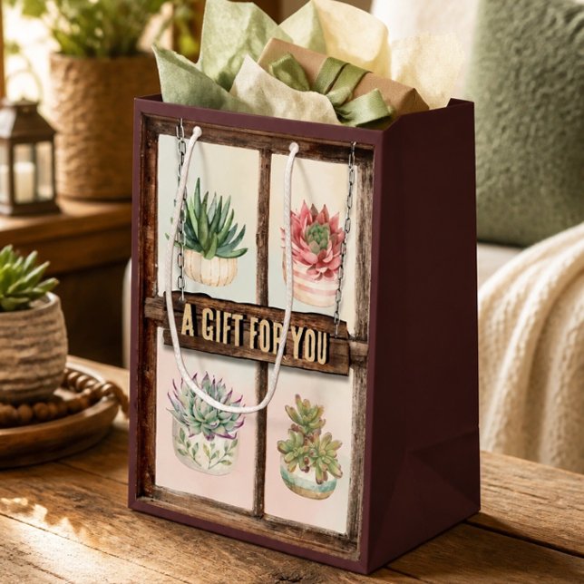 Customizable Rustic Four Potted Succulents Medium Gift Bag (Creator Uploaded)