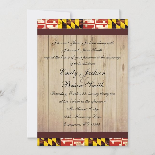 Customizable rustic Maryland flag wedding invites (Front)