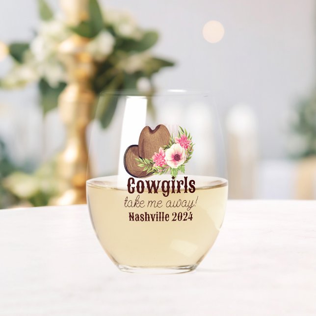 Customizable Rustic Pink Floral Cowgirl  Stemless Wine Glass (Insitu (Wedding))