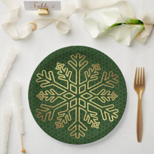 Customizable Sage Green & Gold Snowflake Paper Plates