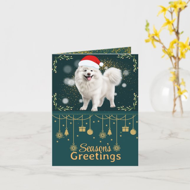 Customizable Samoyed Gold Christmas Greeting Card (Yellow Flower)