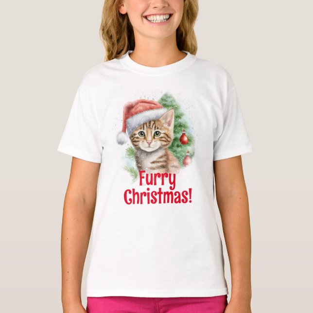 Customizable Santa Hat Cat Drawing Christmas T-Shirt (Front)