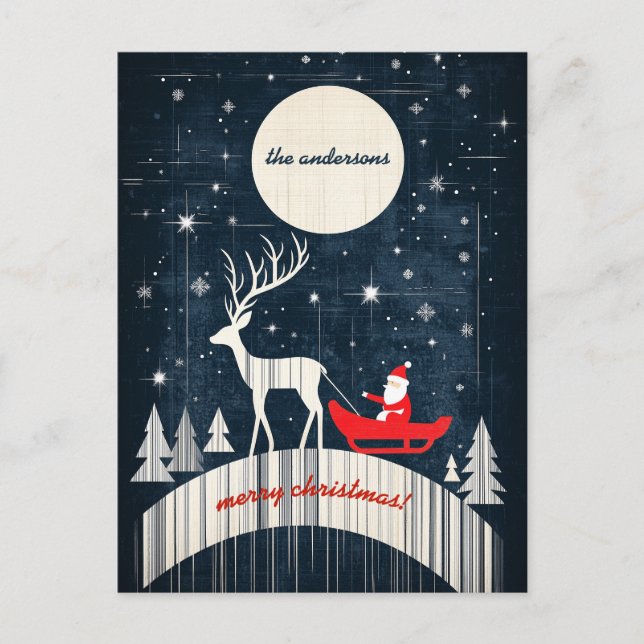 Customizable Santa on Sledge Pulled By an Elk Holiday Postcard (Front)