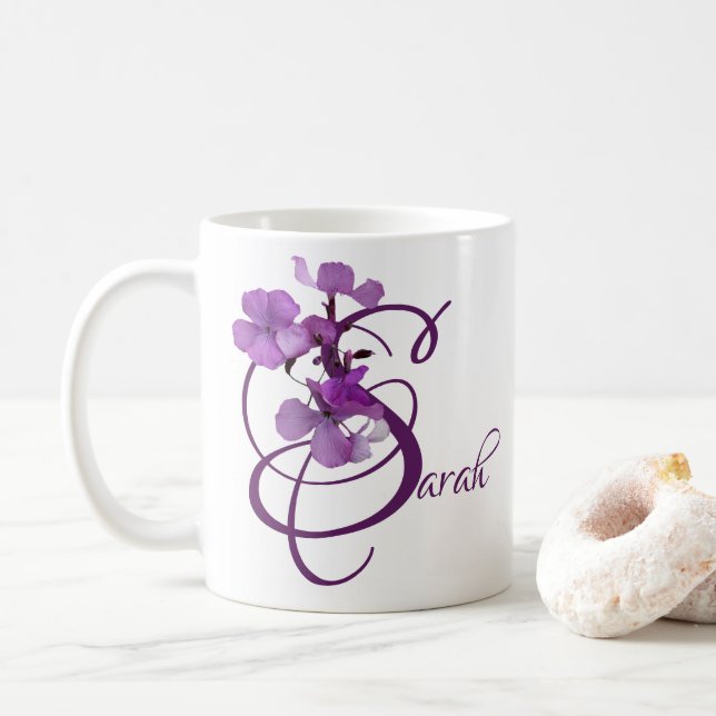 Customizable Sarah name purple flowers trendy boho Coffee Mug (With Donut)