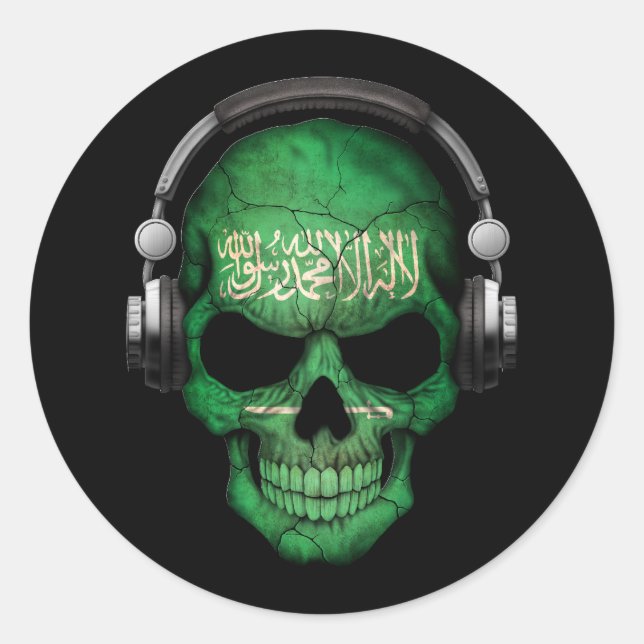 Customizable Saudi Arabian Dj Skull with Headphone Classic Round Sticker (Front)