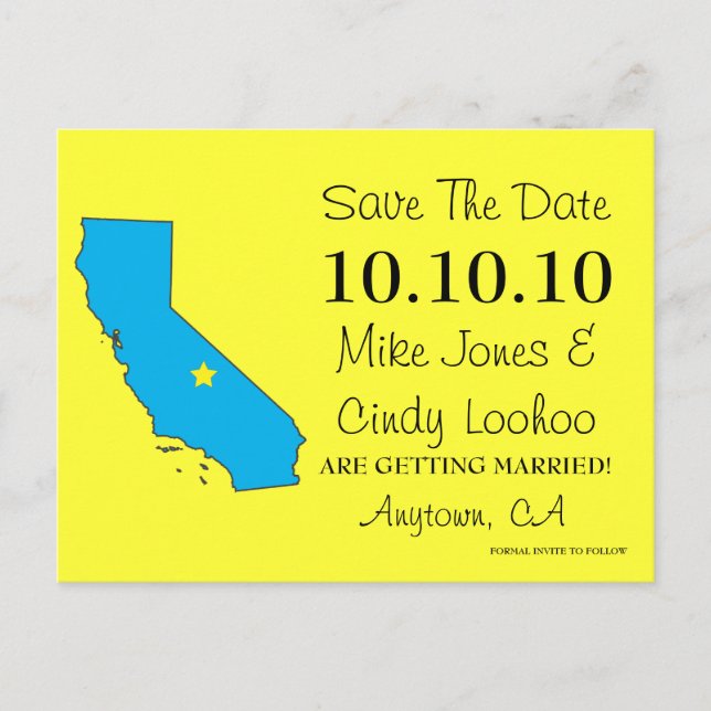 Customizable Save the Date State - CALIFORNIA Announcement Postcard (Front)