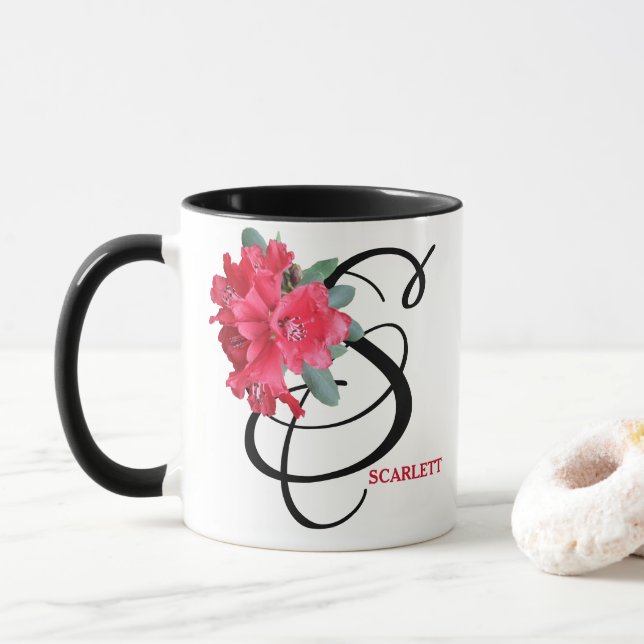 Customizable Scarlett name pretty red floral fun Mug (With Donut)