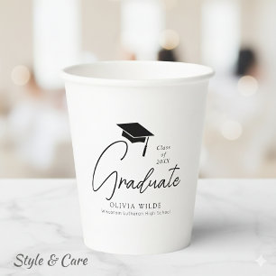 Customizable Script Black & White Graduation 8oz Paper Cups