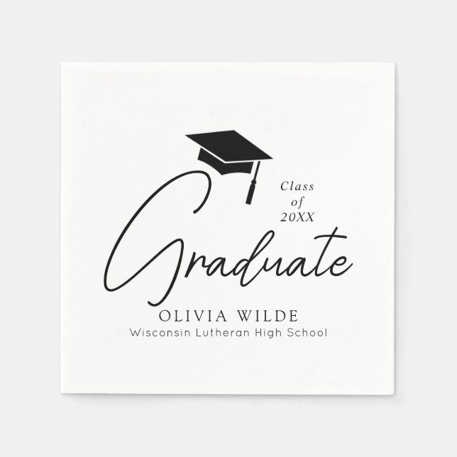 Customizable Script Black & White Graduation Paper Napkins (Front)