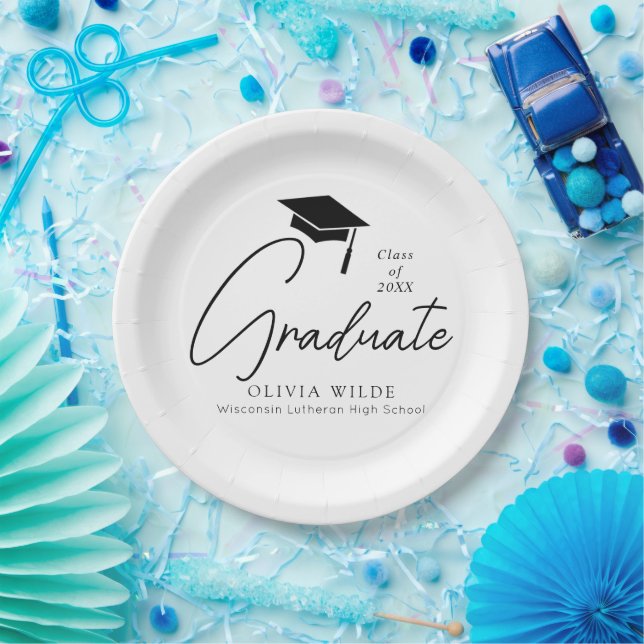 Customizable Script Black & White Graduation Paper Plates (Party)