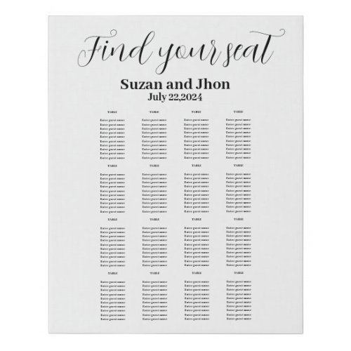 Customizable Seating Chart with Lovely Calligraphy Faux Canvas Print