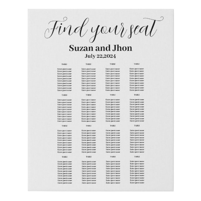 Customizable Seating Chart with Lovely Calligraphy Faux Canvas Print (Front)