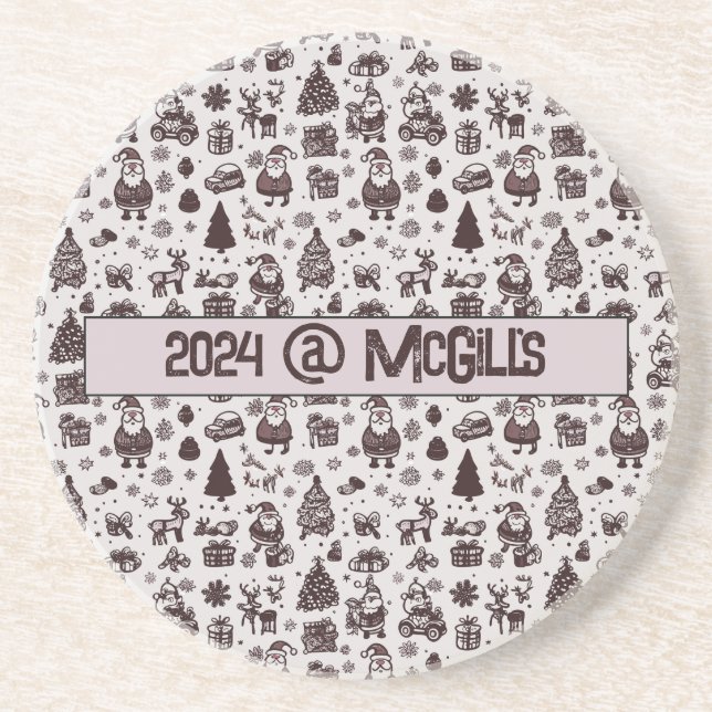 Customizable Sepia Christmas Pattern Coaster (Front)