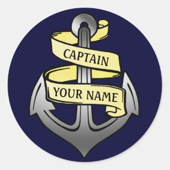 Customizable Ship Captain Your Name Anchor Classic Round Sticker by LaborAndLeisure at Zazzle