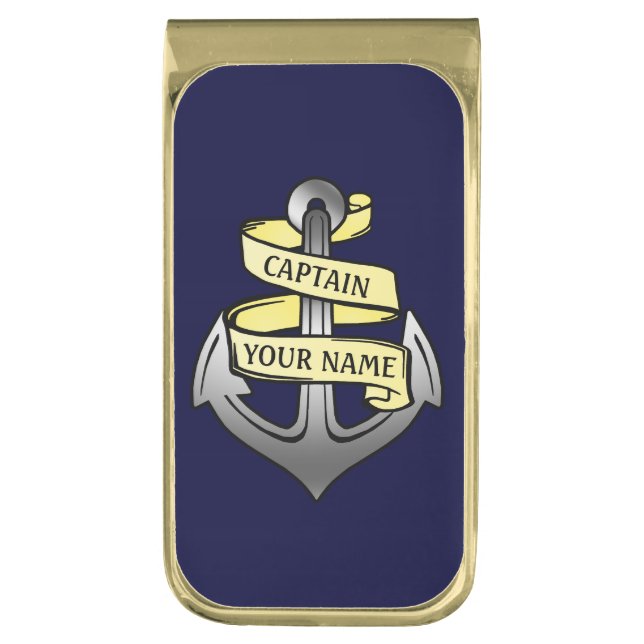 Customizable Ship Captain Your Name Anchor Gold Finish Money Clip (Front Vertical)