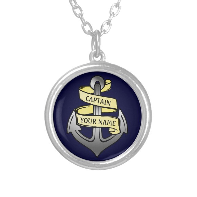 Customizable Ship Captain Your Name Anchor Silver Plated Necklace (Front)