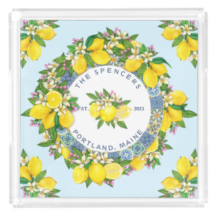Customizable Sicilian Majolica Tiles Floral Lemon Acrylic Tray