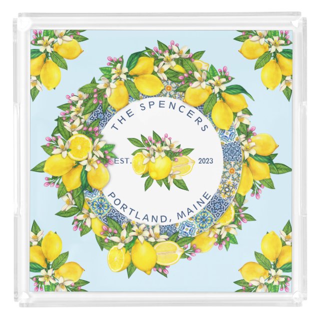 Customizable Sicilian Majolica Tiles Floral Lemon Acrylic Tray (Front)