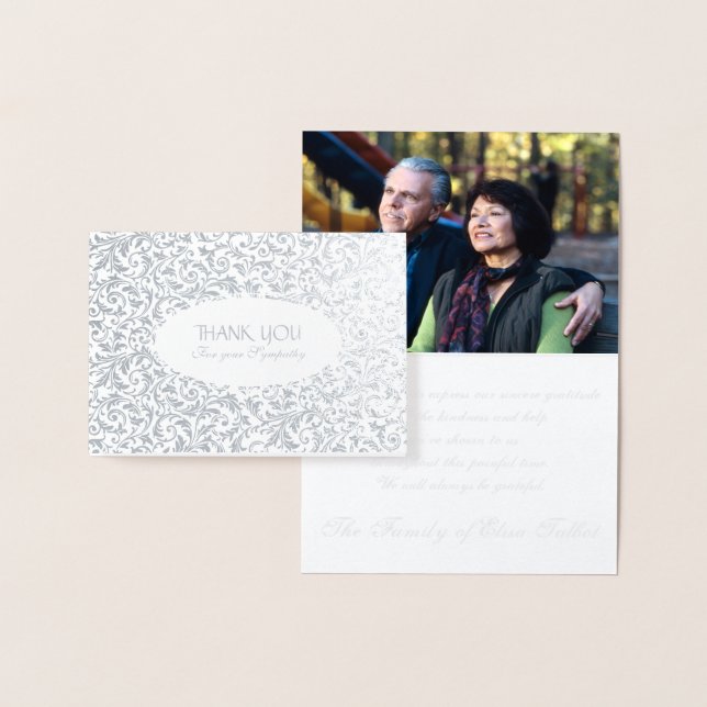 Customizable Silver Damask Sympathy Thank You Foil Card (Display)